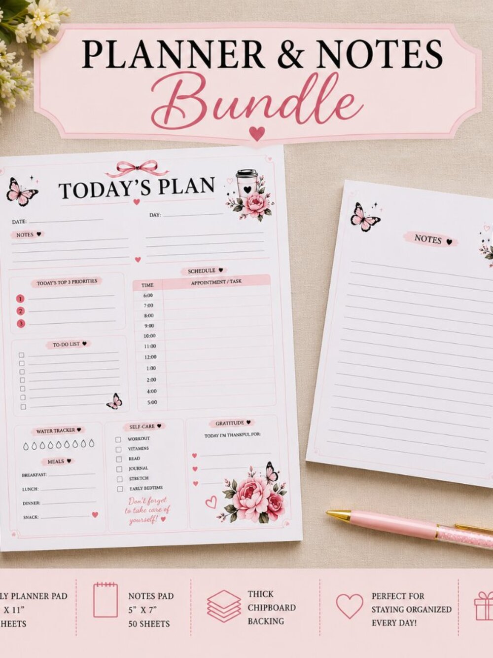 Stay organized in style with this beautiful coordinating planner and notes set!